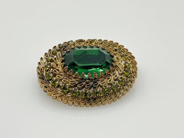 Fine Antique Filigree Austria Oval Brooch with Green Stones