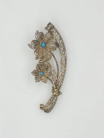 Vintage European Gilt Filigree, Silver and Turquoise Bouquet Brooch