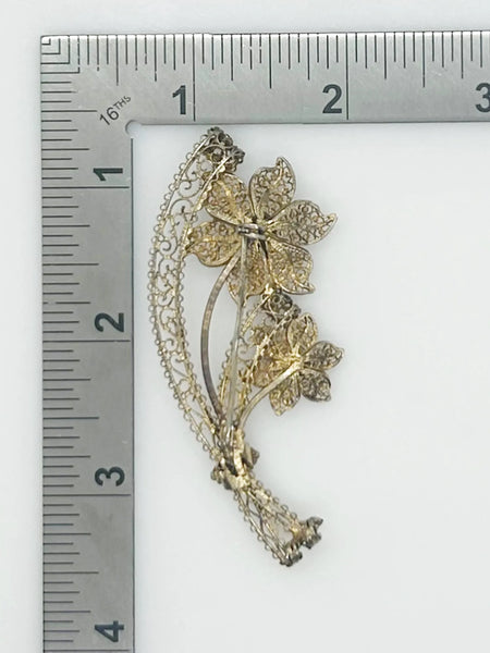 Vintage European Gilt Filigree, Silver and Turquoise Bouquet Brooch