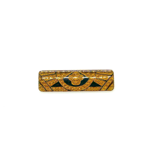 A vintage rectangular Art Deco revival bar brooch in the Pierre Bex style, featuring textured gold-tone metal sunburst rays, dark enamel details, and a central floral cloud medallion against a solid white background