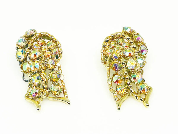 Golden Sparkling Stones Knot Earrings - Make a dazzling statement with radiant aurora borealis stones. Featuring a secure hinge back for comfortable wear. Shop now!