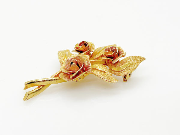 Vintage Three Golden Rose Bouquet Brooch