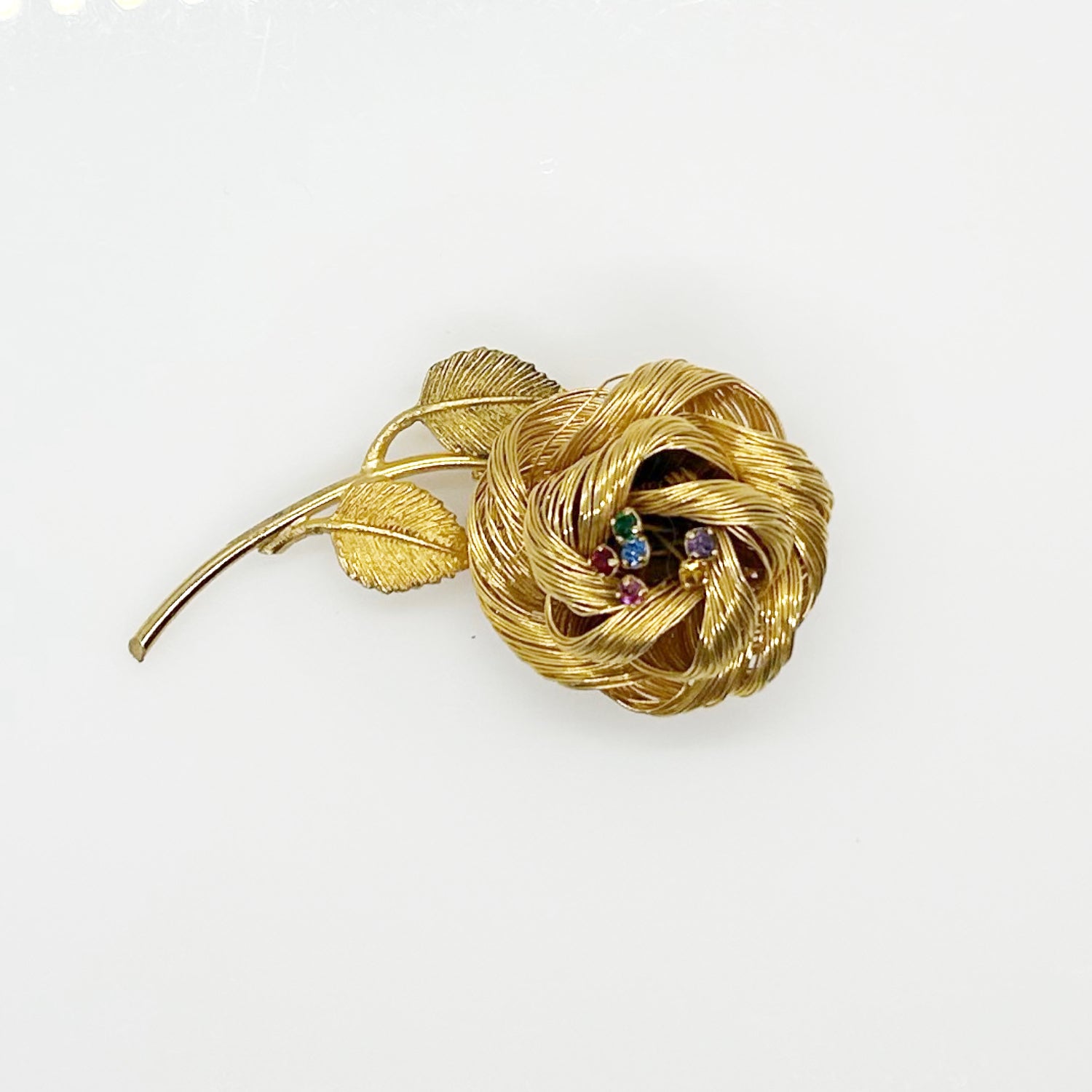 Vintage Gold Wire Rose Trembler Brooch with Pastel Rhinestones