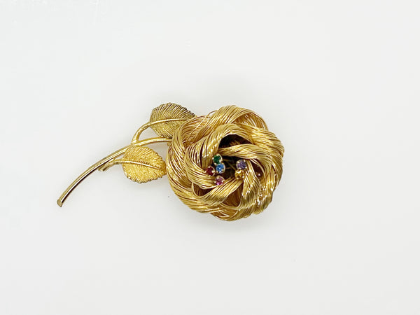 Vintage Gold Wire Rose Trembler Brooch with Pastel Rhinestones