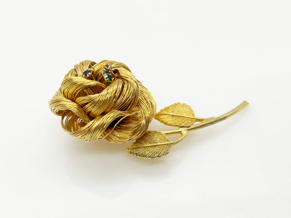 Vintage Gold Wire Rose Trembler Brooch with Pastel Rhinestones