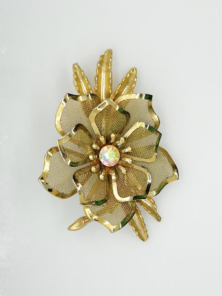 Vintage Gold Mesh Flower with Mesh Petals Brooch