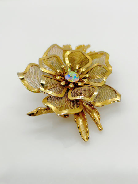 Vintage Gold Mesh Flower with Mesh Petals Brooch