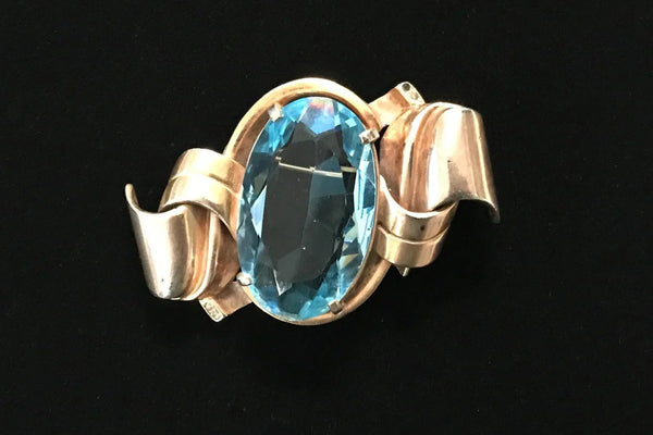 Gorgeous Vintage Brooch with Huge Oval Clear Aqua Stone - Lamoree’s Vintage