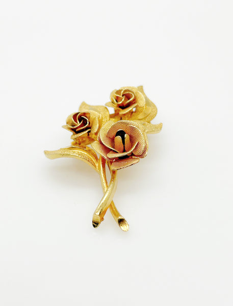 Vintage Three Golden Rose Bouquet Brooch