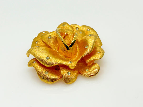 Elegant Vintage Gold Rose Brooch with Sparkling Accents