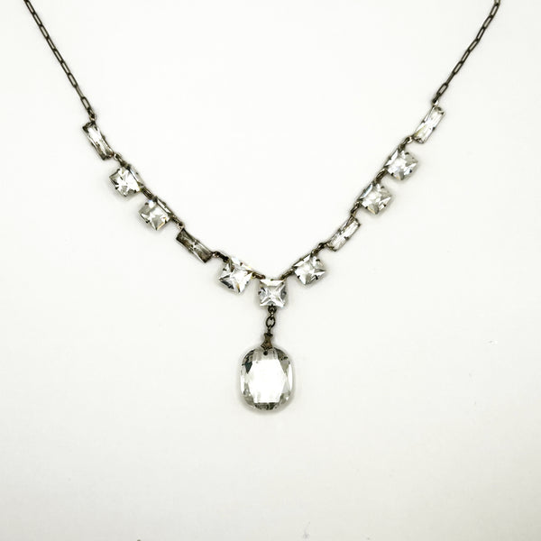Antique Clear Crystal Sparkling Sterling Necklace with Glittering Drop