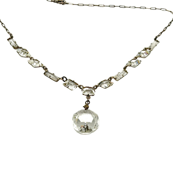 Antique Clear Crystal Sparkling Sterling Necklace with Glittering Drop