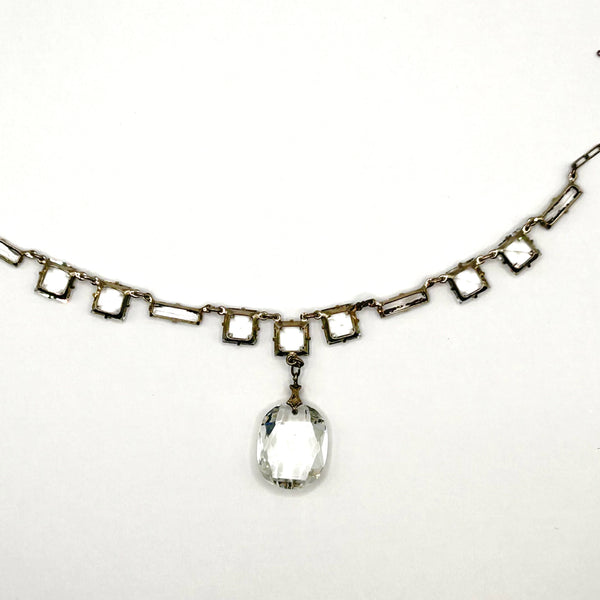 Antique Clear Crystal Sparkling Sterling Necklace with Glittering Drop