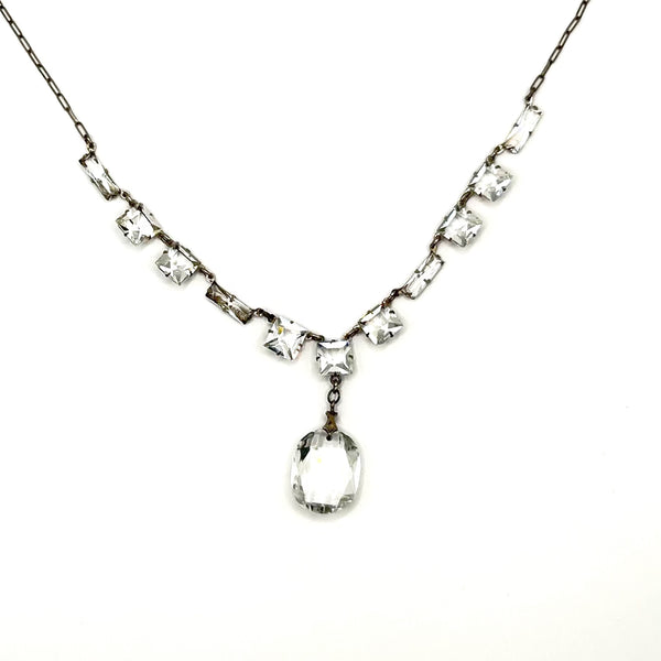 Antique Clear Crystal Sparkling Sterling Necklace with Glittering Drop