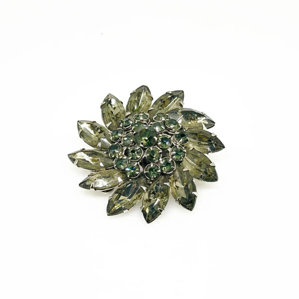 Vintage Smoky Gray and Dark Gray Round Brooch - Elevate your outfit with unusual gray rhinestones. Features layered, marquise ring design for timeless glamour. Shop now!