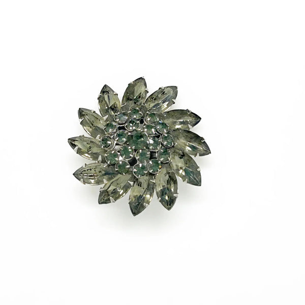Vintage Smoky Gray and Dark Gray Round Brooch - Elevate your outfit with unusual gray rhinestones. Features layered, marquise ring design for timeless glamour. Shop now!