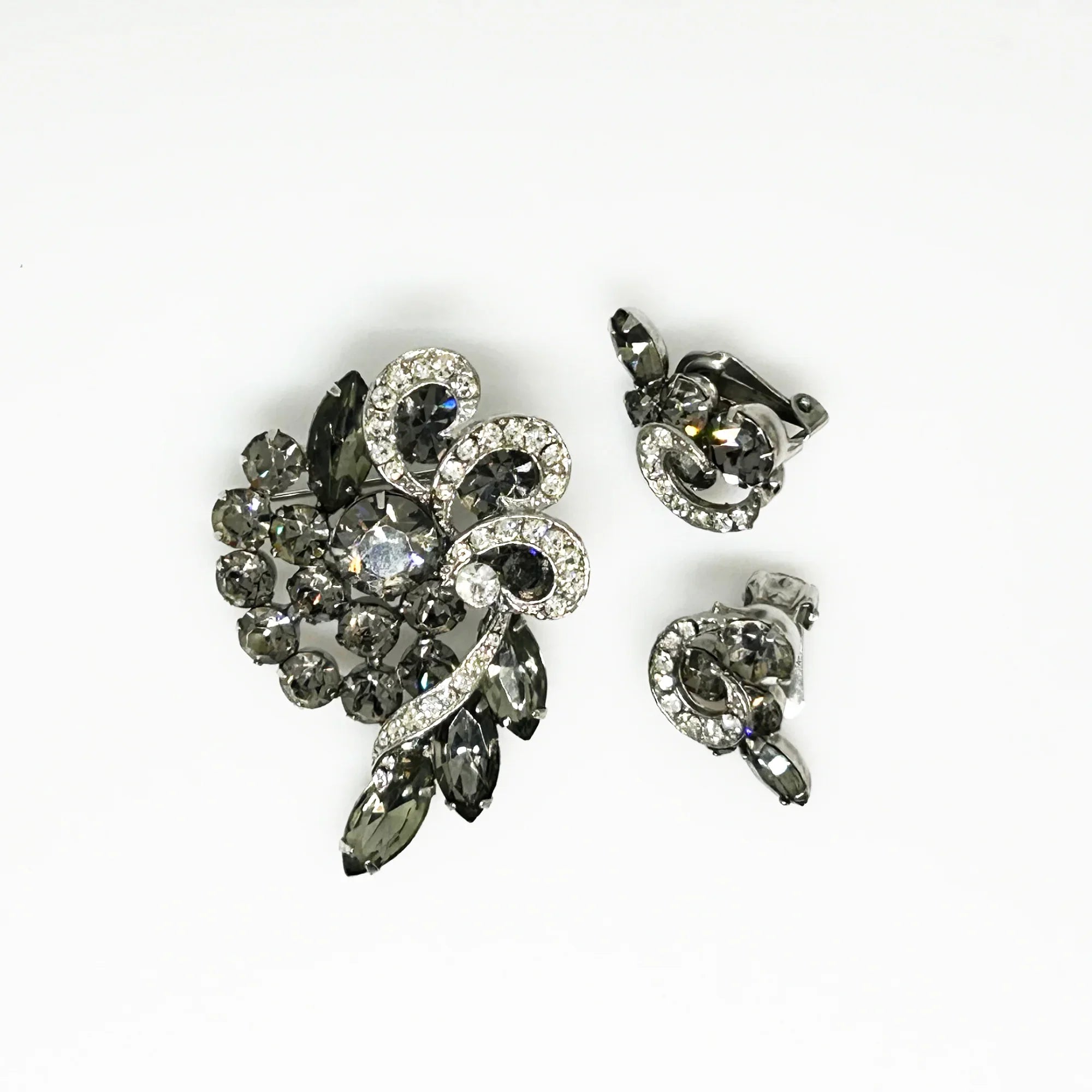 Especially Fine Vintage 1960s Gray Rhinestone Brooch Earrings Set