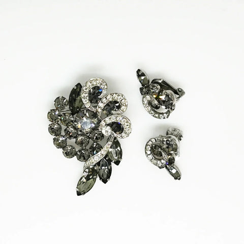 Especially Fine Vintage 1960s Gray Rhinestone Brooch Earrings Set