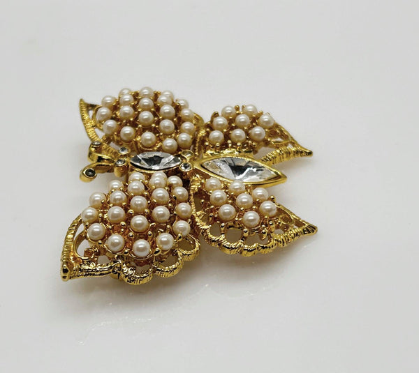 Graziano Faux Pearl Vintage Golden Butterfly Brooch