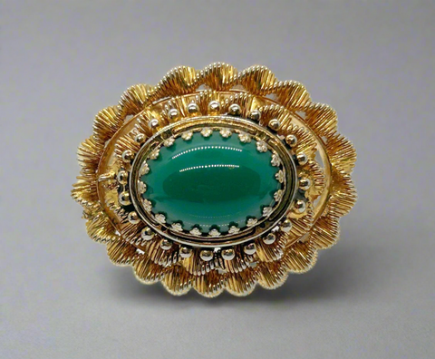 Vintage Green Oval Cabochon Brooch with Textured Setting