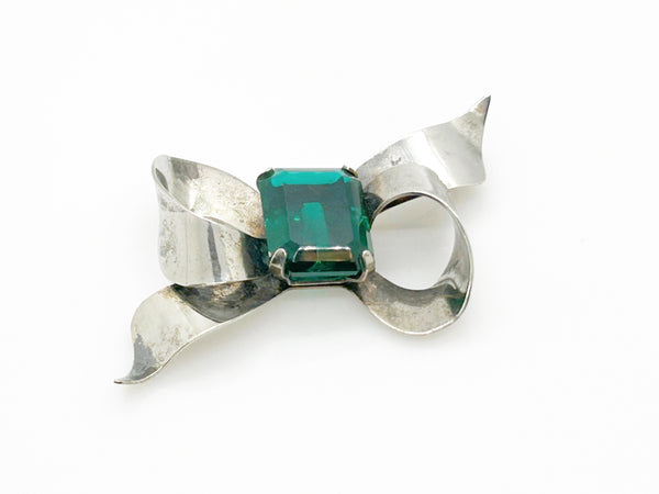 Vintage Sterling Silver Bow Brooch with Emerald Cut Deep Green Stone