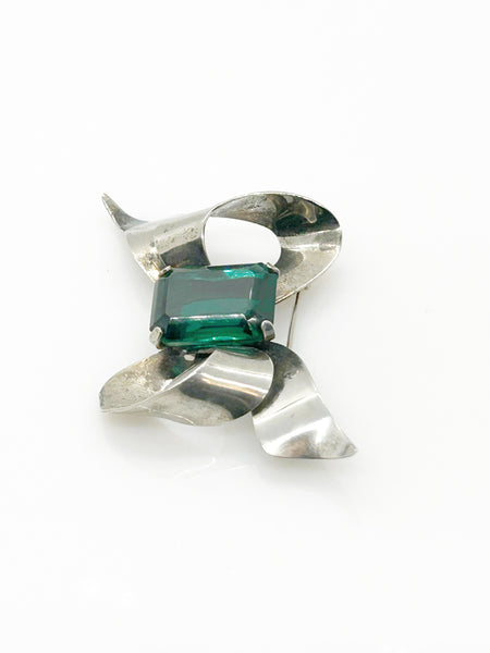 Vintage Sterling Silver Bow Brooch with Emerald Cut Deep Green Stone