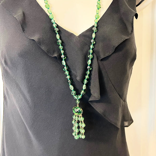 Lovely Long Deco Green Beaded Necklace with Drops