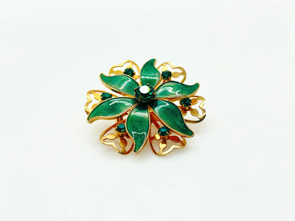 Beautiful Vintage Green Enamel and Rhinestone Floral Brooch and Earrings Set - Lamoree’s Vintage