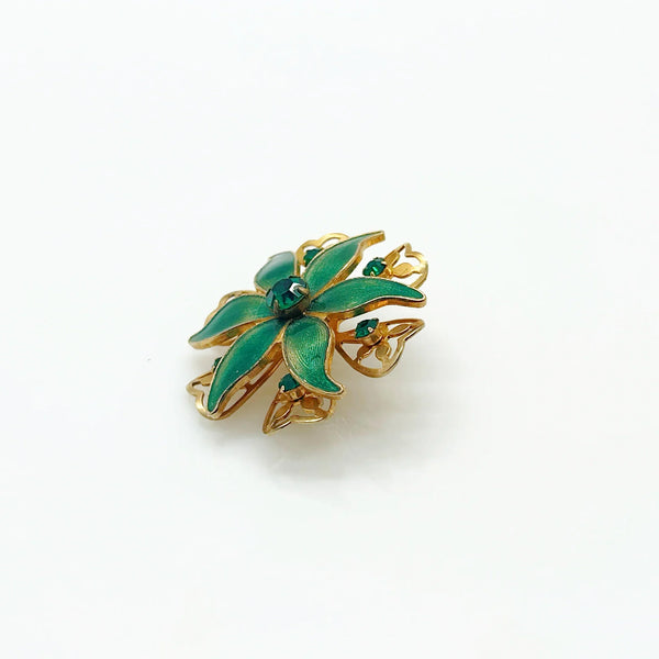Beautiful Vintage Green Enamel and Rhinestone Floral Brooch and Earrings Set - Lamoree’s Vintage
