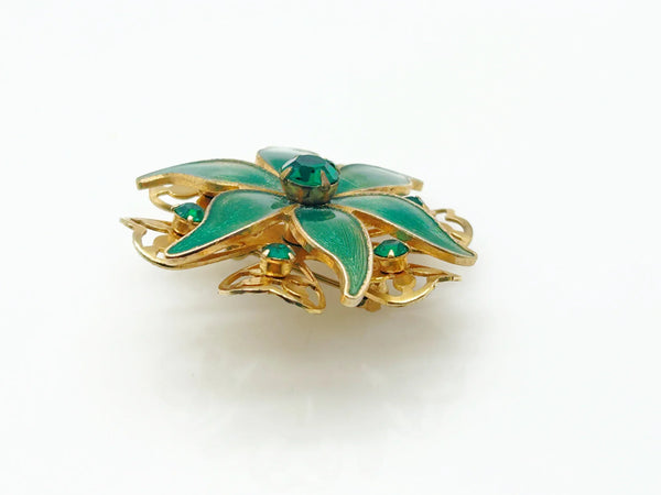 Beautiful Vintage Green Enamel and Rhinestone Floral Brooch and Earrings Set - Lamoree’s Vintage