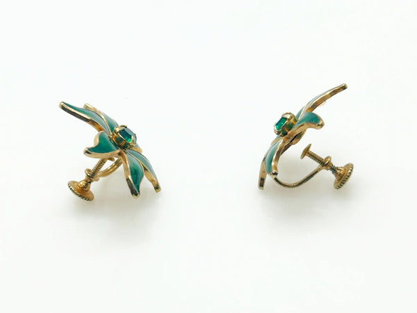 Beautiful Vintage Green Enamel and Rhinestone Floral Brooch and Earrings Set - Lamoree’s Vintage