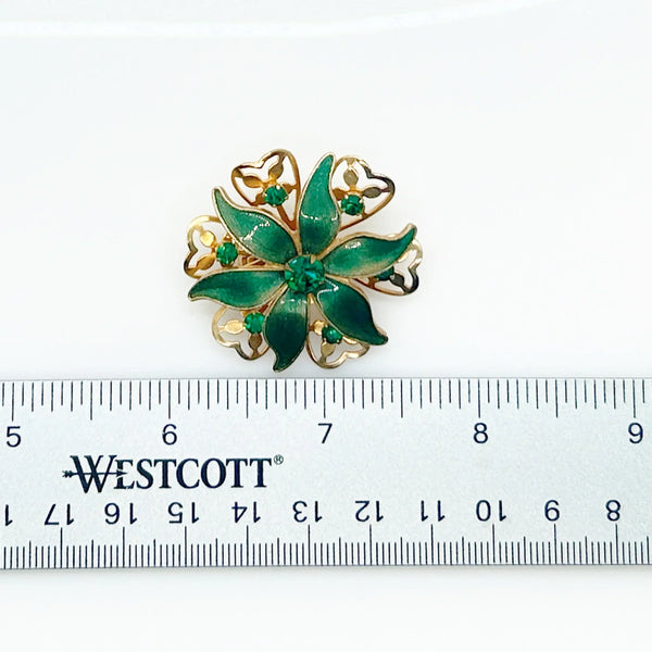 Beautiful Vintage Green Enamel and Rhinestone Floral Brooch and Earrings Set - Lamoree’s Vintage
