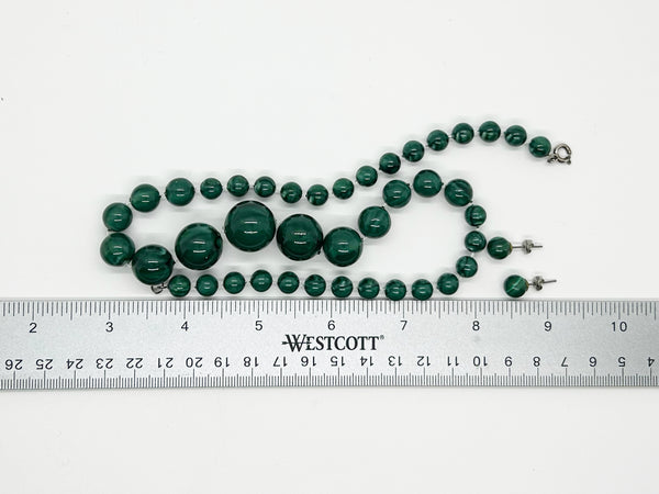 Vintage Deep Green Marbled Bead Necklace and Earrings