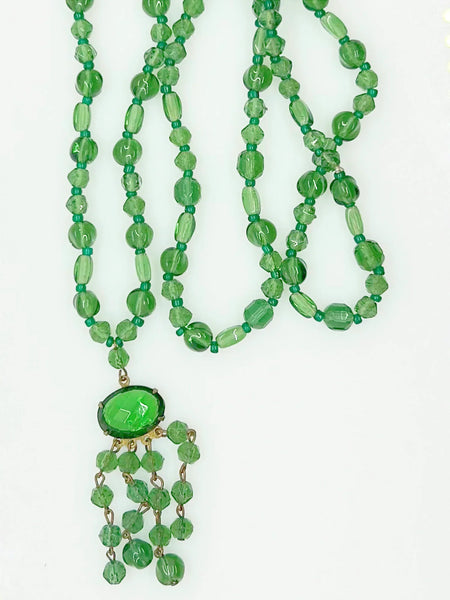 Lovely Long Deco Green Beaded Necklace with Drops