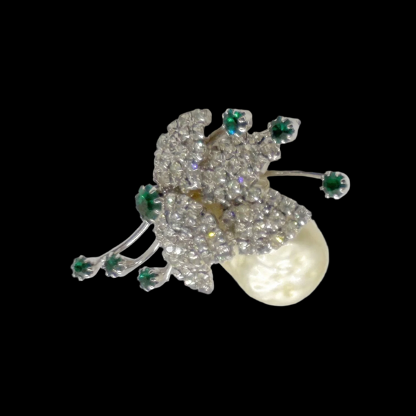 Unusual Vintage Brooch with Baroque Faux Pearl and Rhinestones