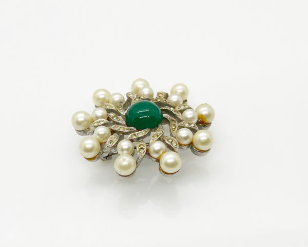 Vintage Pearl and Green Belle Epoque Style Swirl Brooch