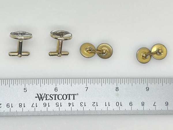 Indulge in timeless sophistication with these exquisite vintage cufflinks featuring an elegant horse design. The larger, 3/4" toggle type pair showcases a majestic brown horse with reins, while the smaller, 1/4" close end bridge style pair adds a touch of opulence with its gold tone metal.