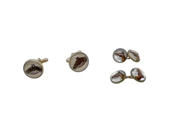 Indulge in timeless sophistication with these exquisite vintage cufflinks featuring an elegant horse design. The larger, 3/4" toggle type pair showcases a majestic brown horse with reins, while the smaller, 1/4" close end bridge style pair adds a touch of opulence with its gold tone metal.