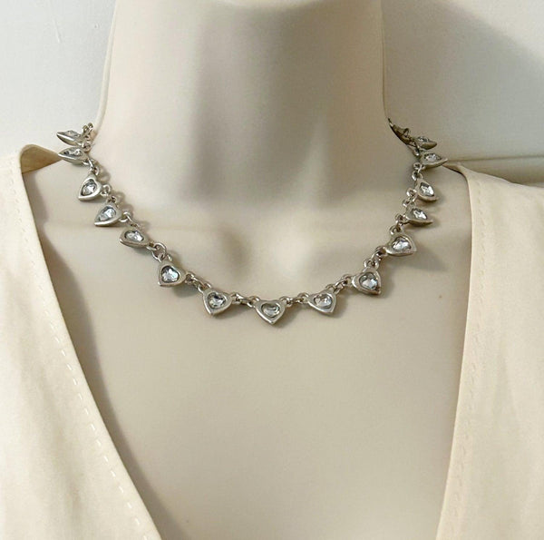 Vintage Silver Rhinestone Hearts Necklace