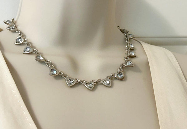 Vintage Silver Rhinestone Hearts Necklace