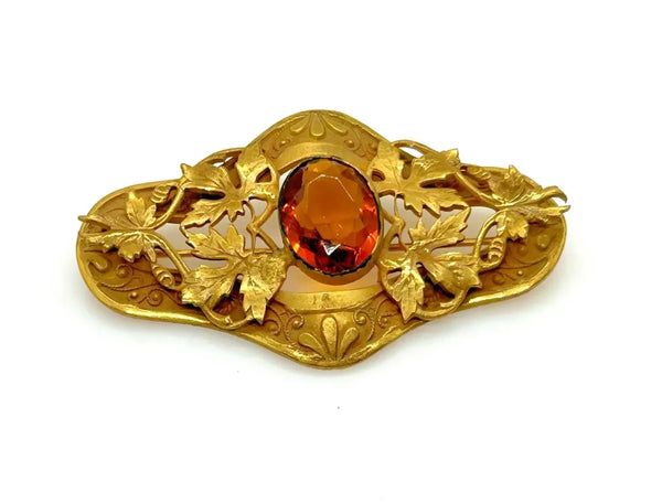 Antique Victorian Brooch Pin With Golden Large Stone and Leaf Detail