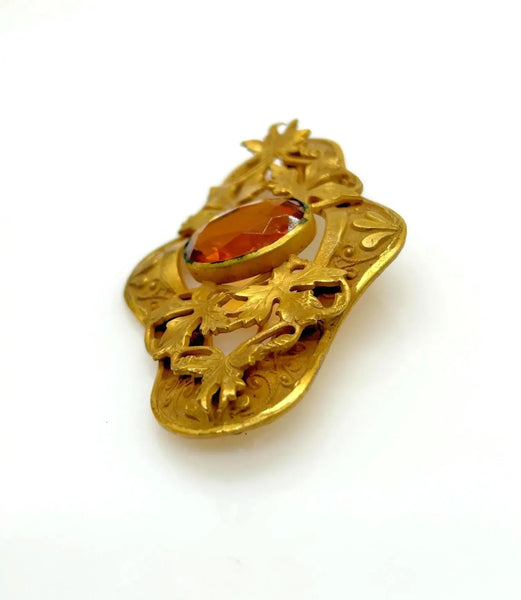 Antique Victorian Brooch Pin With Golden Large Stone and Leaf Detail