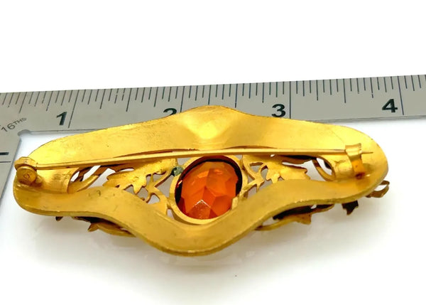 Antique Victorian Brooch Pin With Golden Large Stone and Leaf Detail
