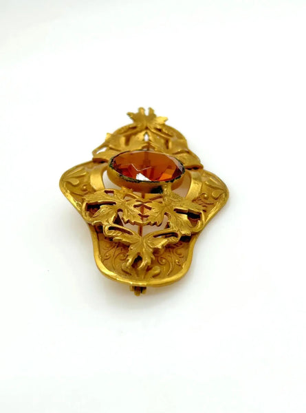 Antique Victorian Brooch Pin With Golden Large Stone and Leaf Detail