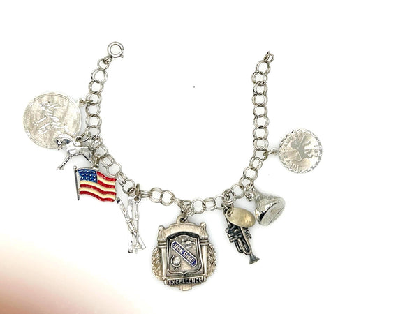 Sterling Charm Bracelet 1970s Skis Horse Flag