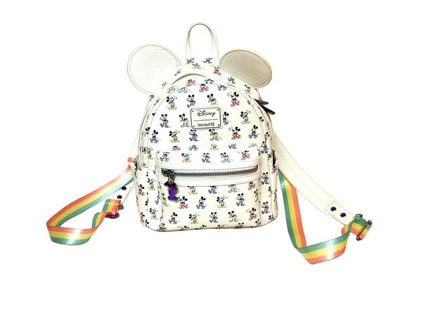  Enjoy the exclusive, pastel rainbow charm of our Loungefly Disney Pastel Rainbow Mickey Mouse Mini Backpack. Adjustable straps add comfort. Very hard to find