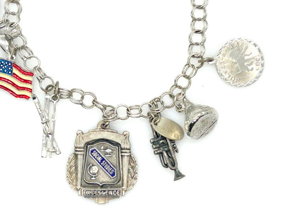 Sterling Charm Bracelet 1970s Skis Horse Flag