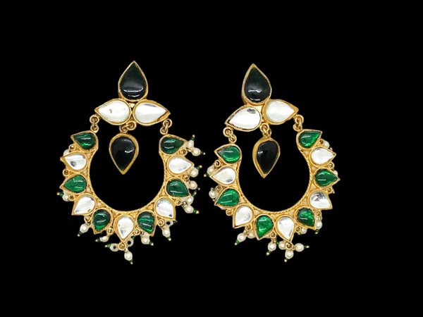 Impressive Pair of Large Green and White Chambadi Moghul Style Earrings