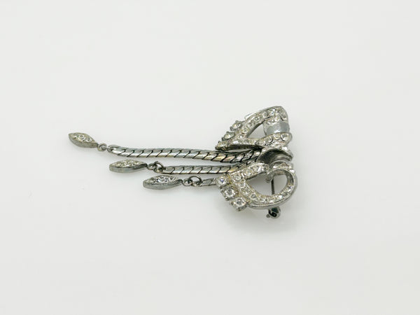 Vintage Art Deco Rhinestone Bow Brooch with Dangles