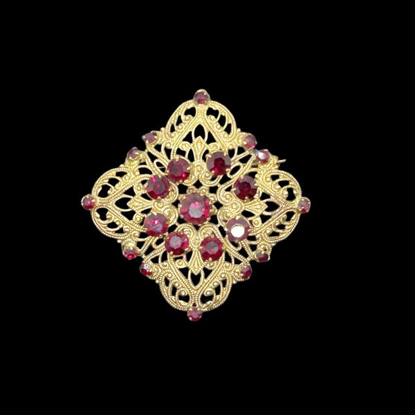 Intricate Vintage Gold Tone Brooch with Ruby Red Stones - Lamoree’s Vintage